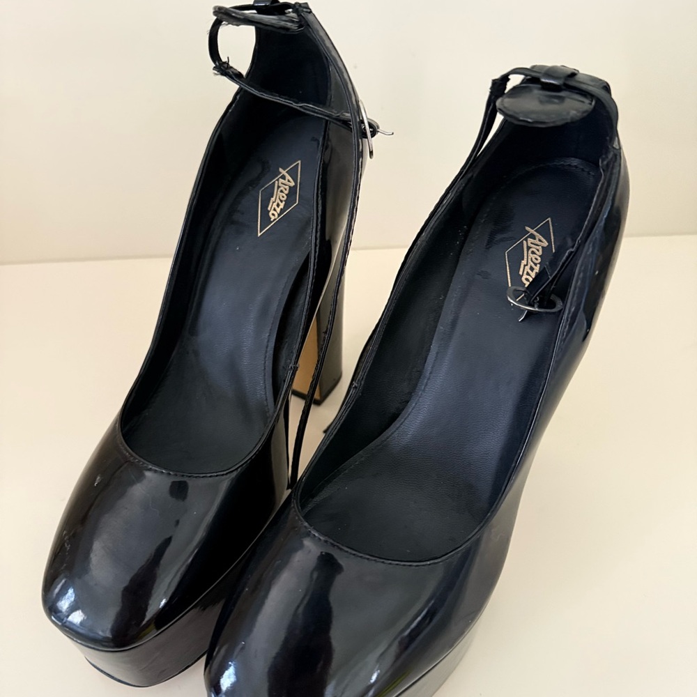Black Patent Leather Heels with Ankle Strap